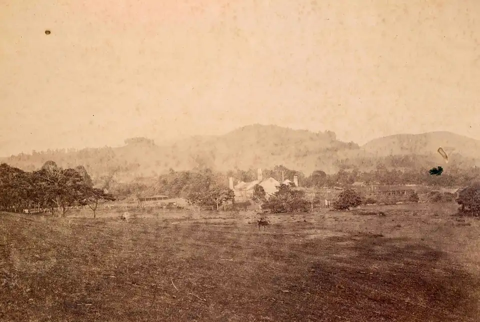 Historic photo of the Ulupalakua sugar mill in the landscape