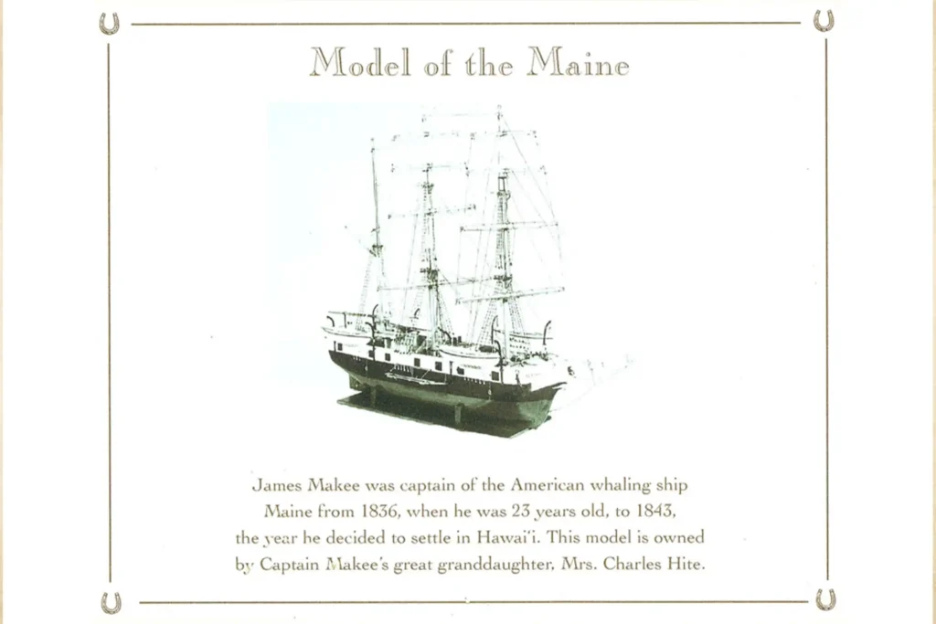Drawing of the whaling ship Maine with a caption about Captain James Makee