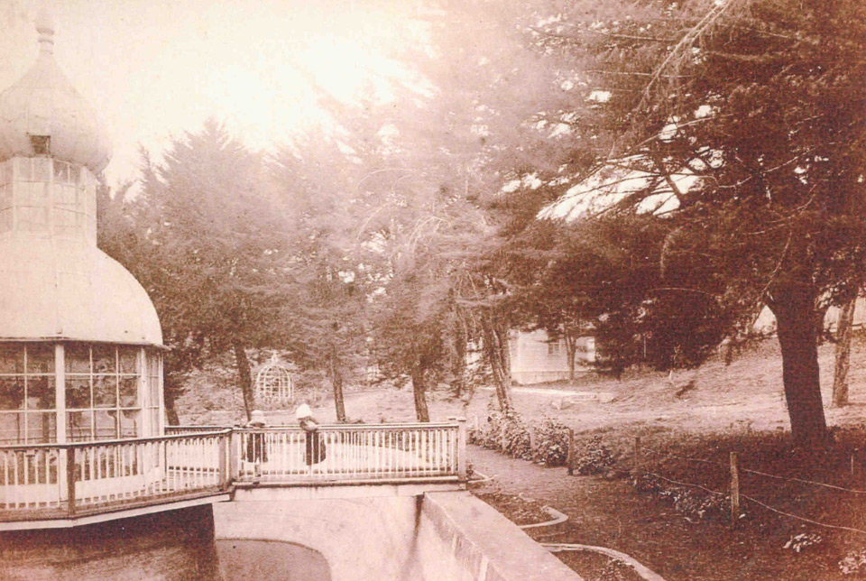Historic photo of the Rose Ranch gardens and gazebo