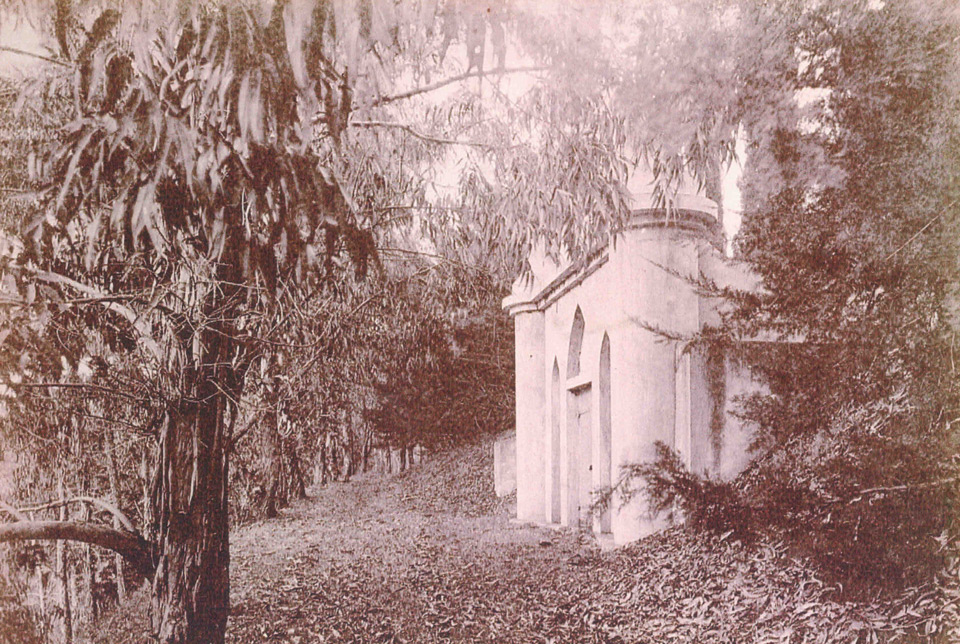 Historic photo of Captain Makee's white tomb among the trees at Ulupalakua