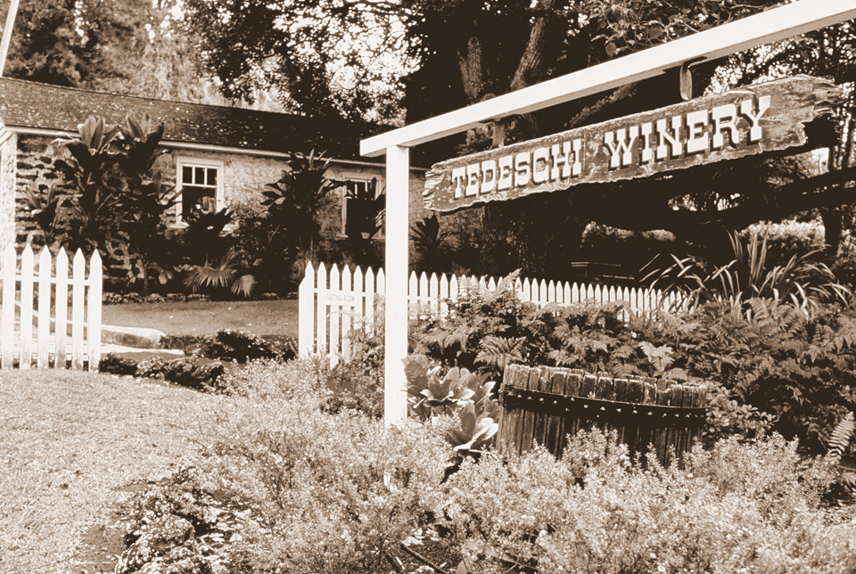 Vintage photo of the Tedeschi Winery sign and tasting room at Ulupalakua